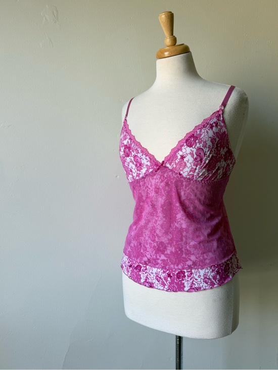George Tops - George Y2K Floral Mesh Cami Tank | Pink Fairycore Top (Size L, best for M)